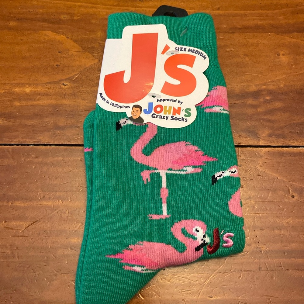 New John’s Crazy Socks Green with Pink Flamingos Medium